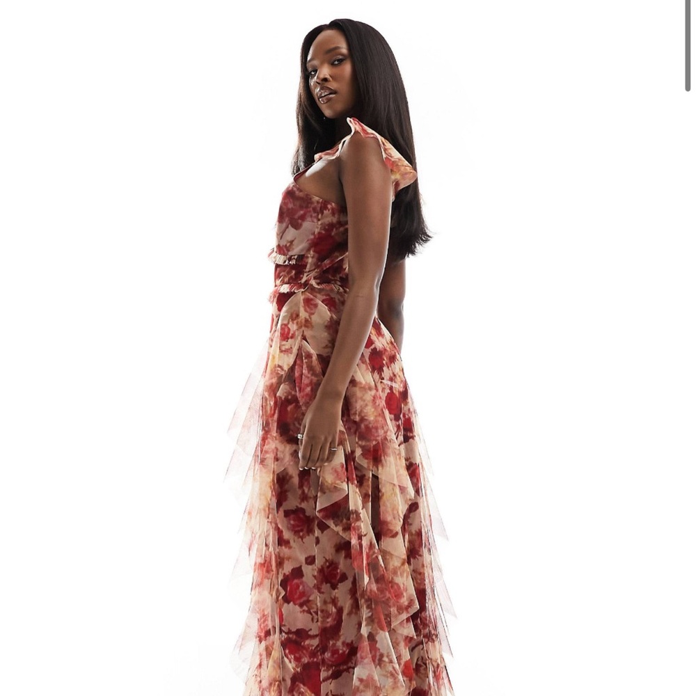 ISO ASOS LACE&BEADS RUFFLE MIDAXI DRESS IN DEEP ROSE PRINT - Picture 3 of 3